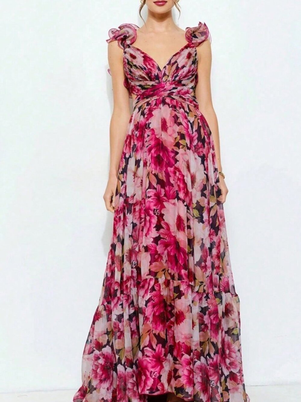 Hot Pink Elegant Women's Fairycore Floral Maxi Dress Ruched Waist - Picture 3 of 4